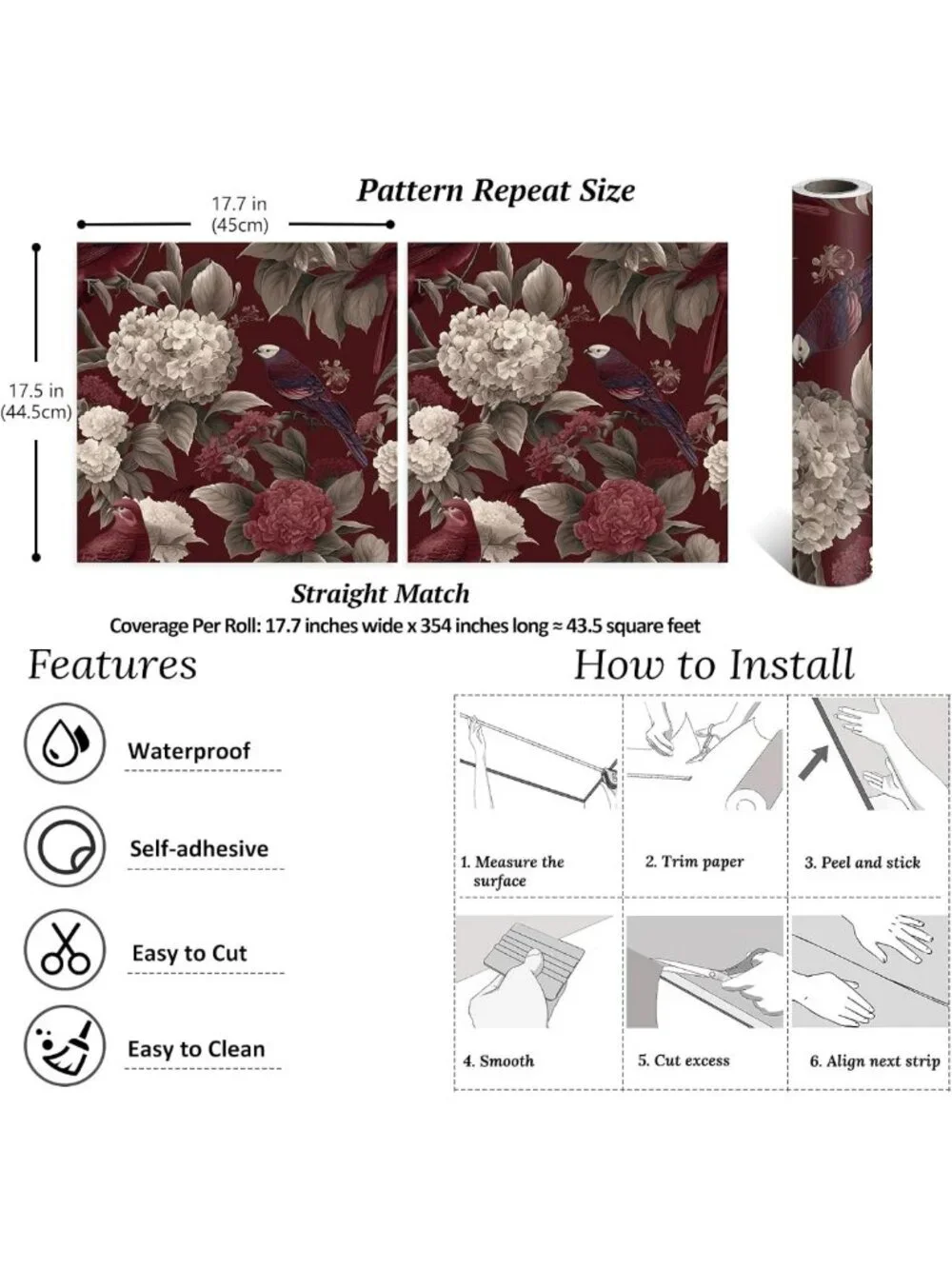 Deep Burgundy Floral Peel and Stick Wallpaper - Vintage Hydrangeas & Birds